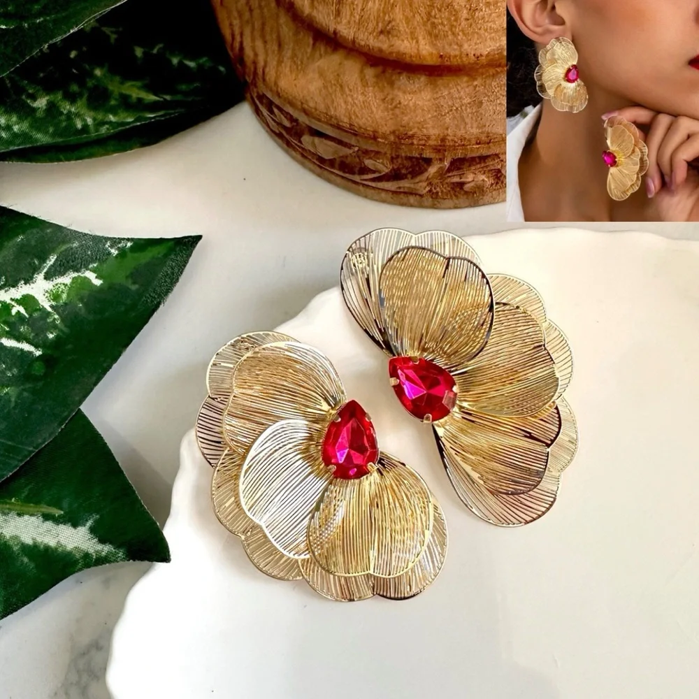 Gold Metal Flower Earrings Pink Stone Delicate Petals Jumbo Garden Jewelry NEW